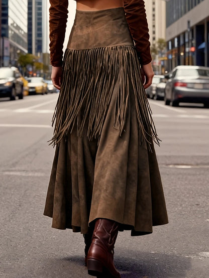 Ethnic Elegant Solid Tassel Slim Fit Midi Skirt