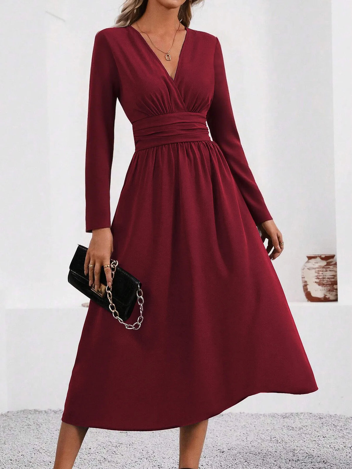 Elegant V-Neck Long Sleeve with Waist Shirring Bodycon Long Maxi Dress