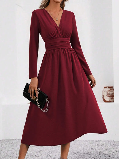 Elegant V-Neck Long Sleeve with Waist Shirring Bodycon Long Maxi Dress