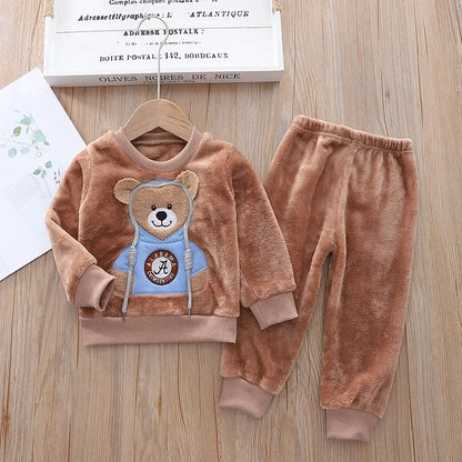 Autumn/Winter Cartoon Bear Warm Pajama Set  0-5 Years Old