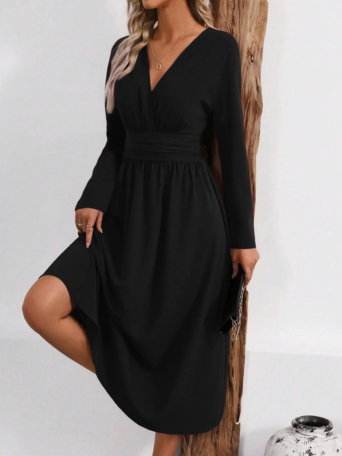Elegant V-Neck Long Sleeve with Waist Shirring Bodycon Long Maxi Dress