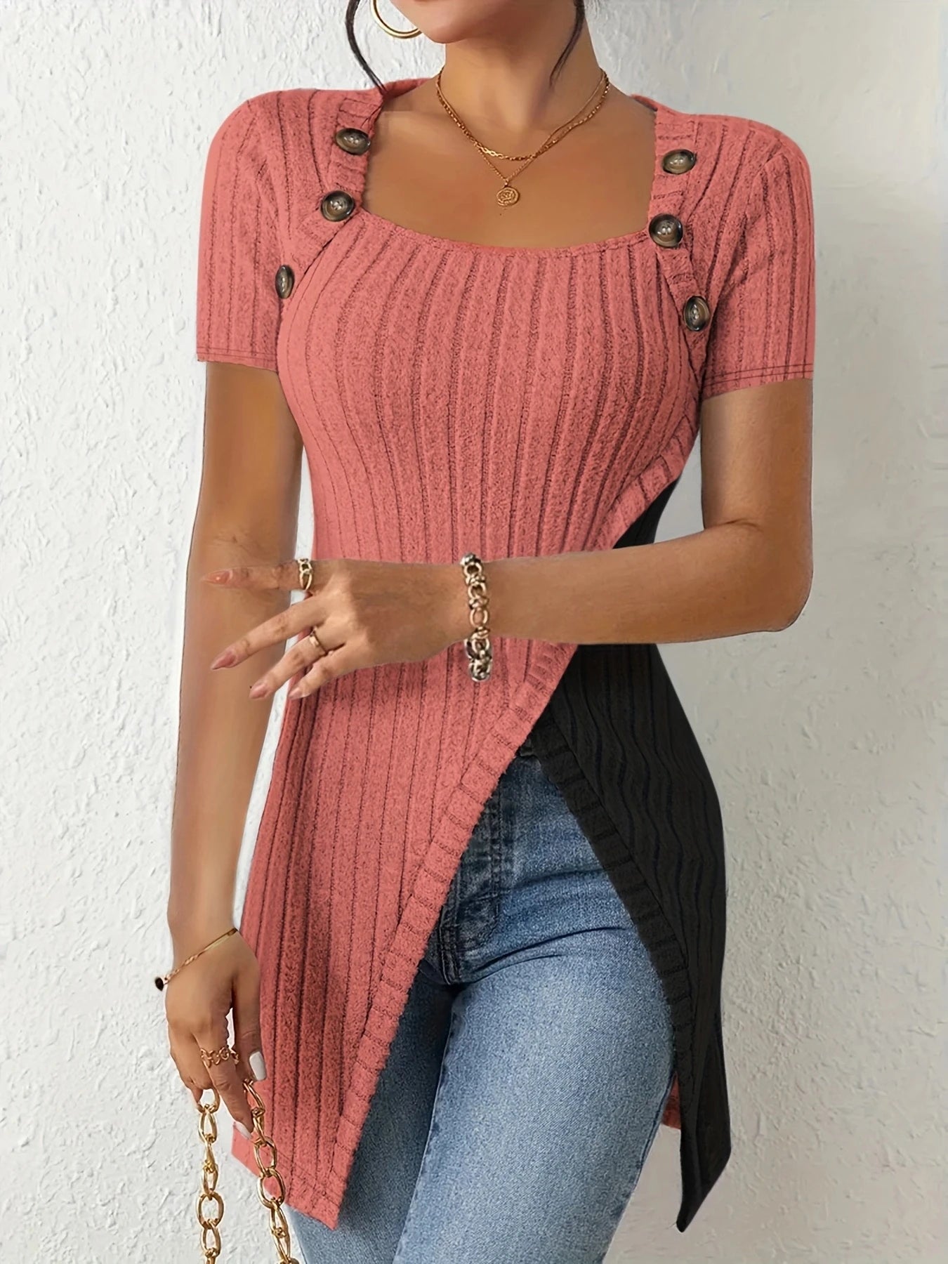 Color Block Button Decor Asymmetrical Hem T-Shirt
