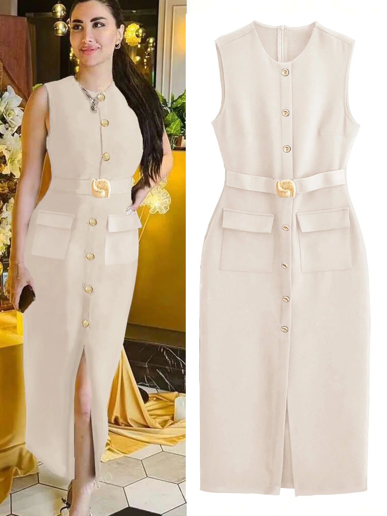 Elegant Sleeveless Button Down Ashirt dress with Belt Front Slit Dress