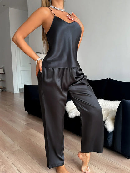 V-neck solid suspender pants sexy pyjamas 2 sets