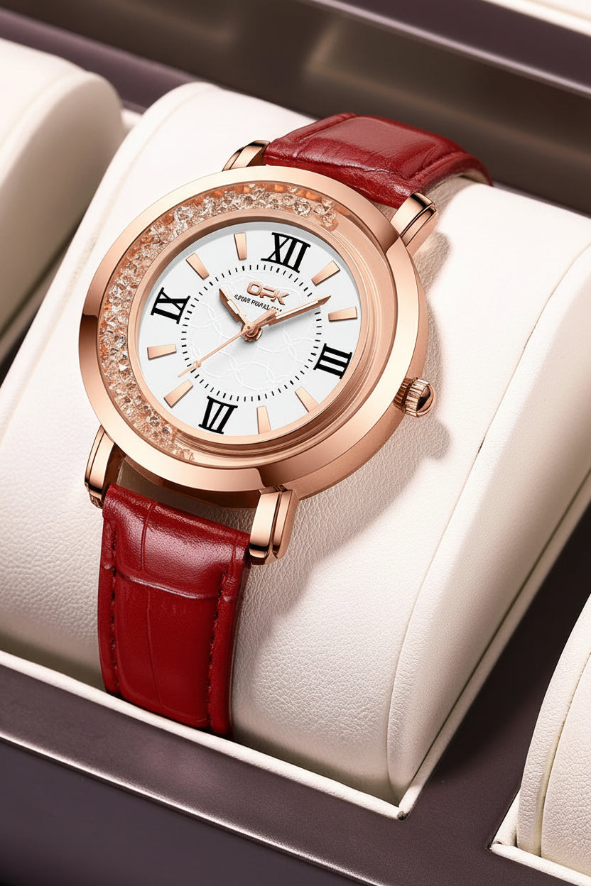 Quartz Leather Strap Diamond Bezel Waterproof Luminous Watch