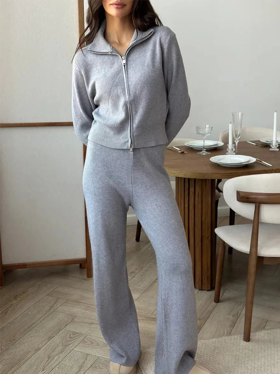 Knit Zip Up Cardigan Wide Leg Soft Fabric Cropped Sets
