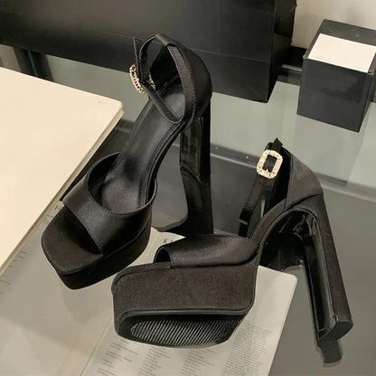 Black High Heels Silk Square Toe Shoes