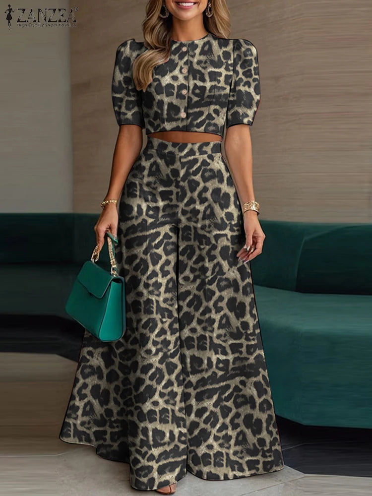 Conjunto de pantalón y pantalón de pierna ancha con manga corta abullonada