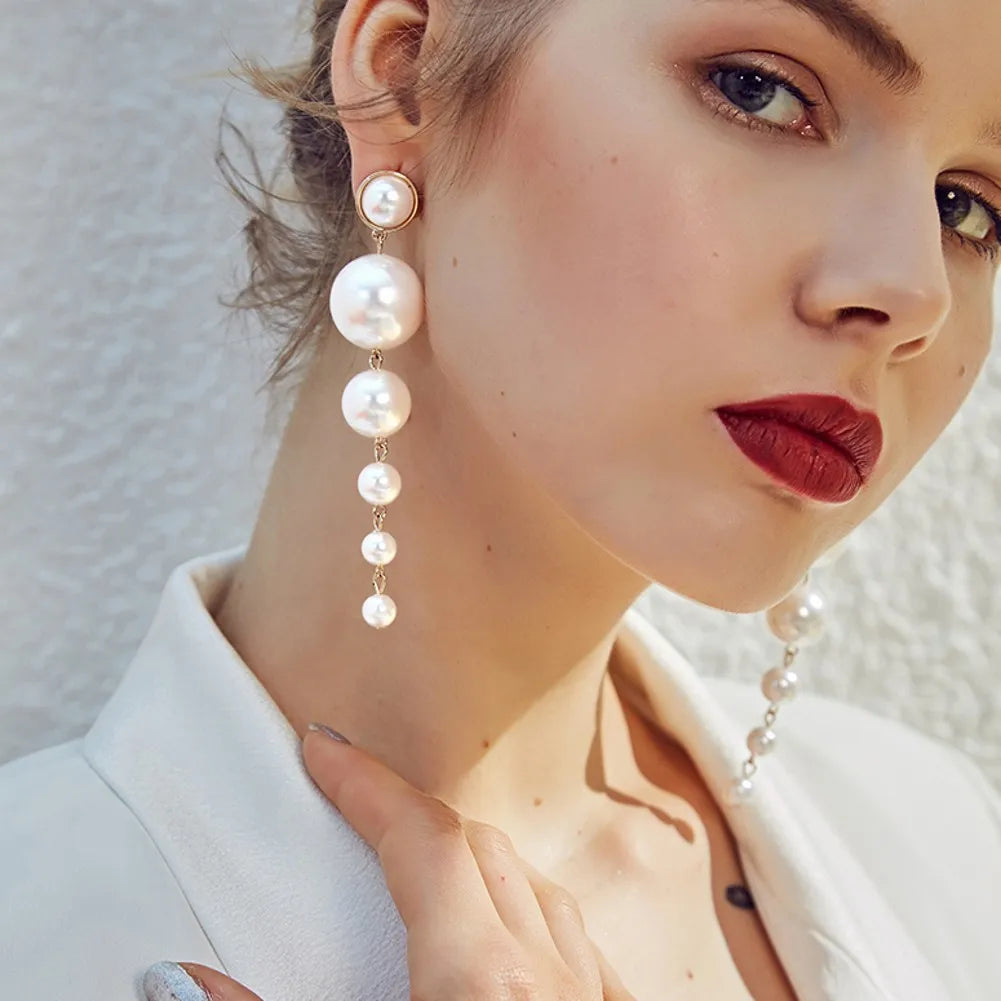 Gold Bridal Drop Simulated Pearl Crystal Statement Earrings