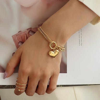 Statement Heart Pendant Stainless Steel Gold Metal Texture Bracelet