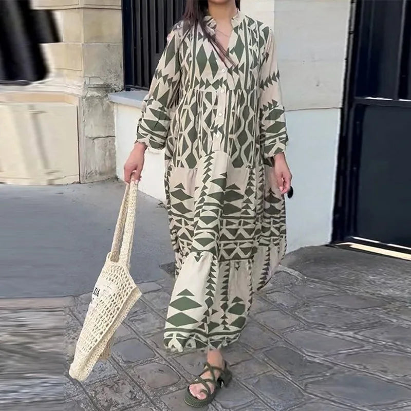 Vestido largo de manga larga con cuello en V y cintura alta