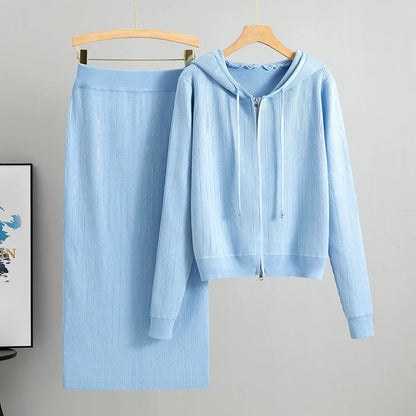 Knitted Cardigan High Waisted Buttocks Wrapped  Skirt Diamond Sets