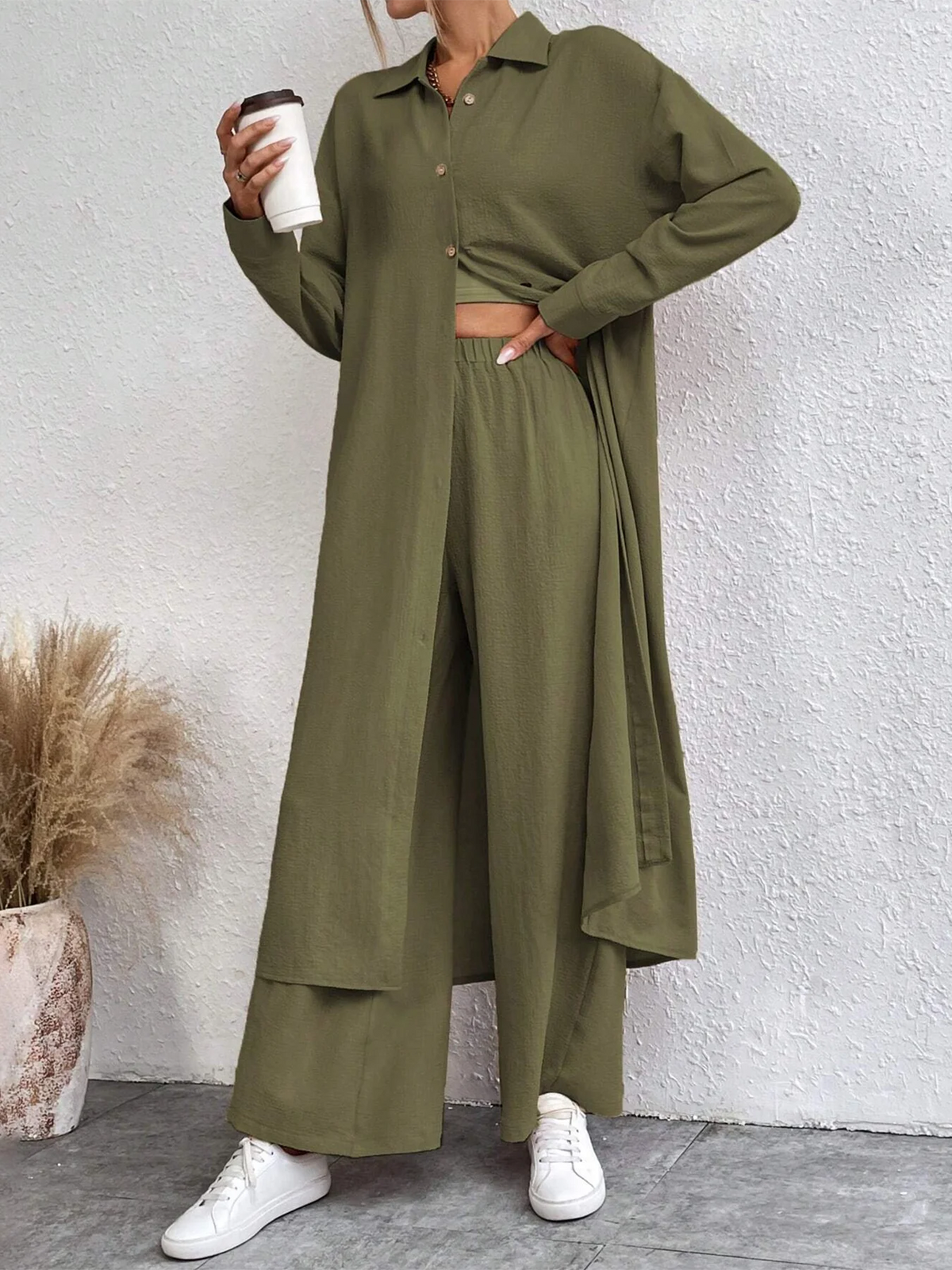 French Style Casual Long Sleeve Loose Fit Lapel Collar and Wide Leg Pants