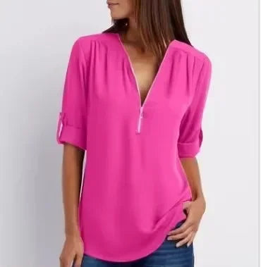 Loose Shirt Deep V Neck Chiffon Blouse