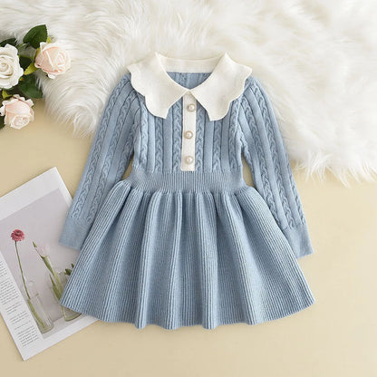Winter Knitting Wool Long Sleeve Autumn Girls Ruffle Dress