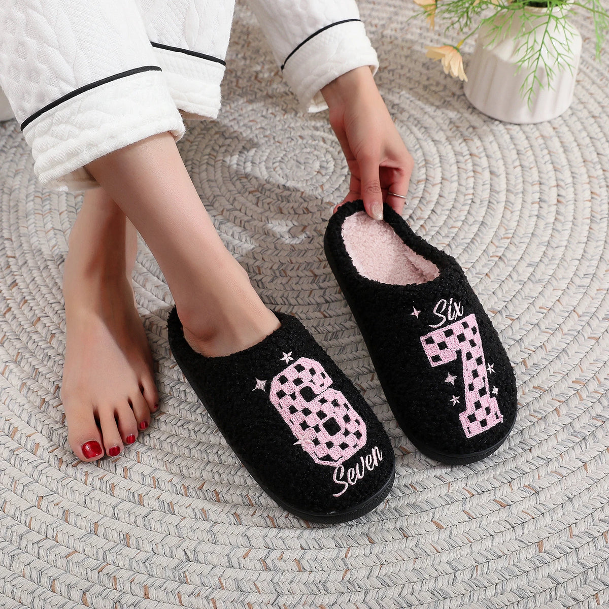 Checkerboard Pattern Number 67 Plush Non-Slip Cotton Slippers