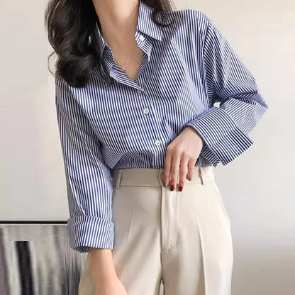 Classic Striped Long Lantern Sleeve Blouse Shirt
