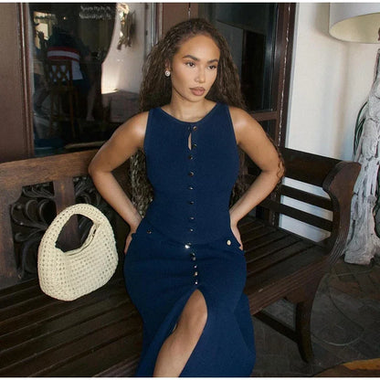 Sleeveless O Neck Button Dress