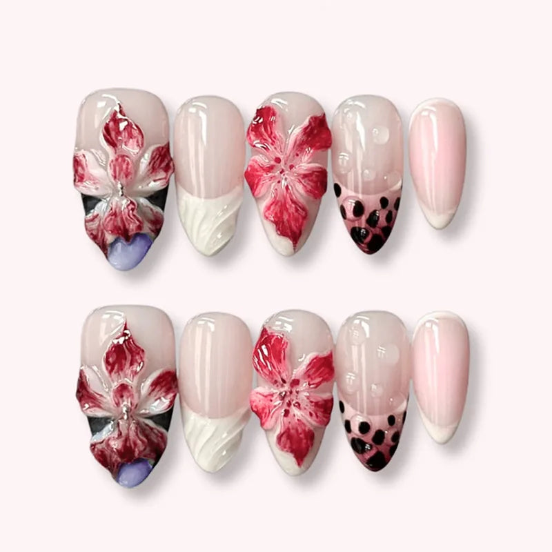 24pcs/Box Long Coffin False Nails Art Rose with Glue Wearable Jelly Nails