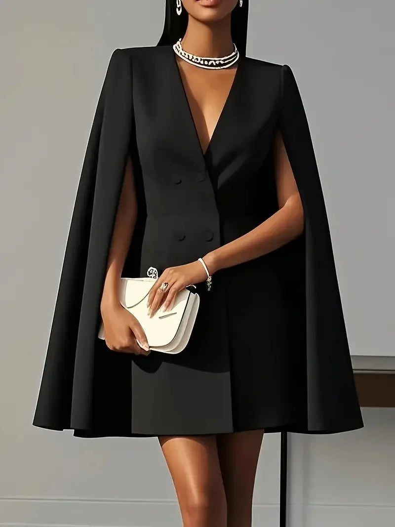 Double Breasted Waist Shawl Cape Sleeve Midi Dress