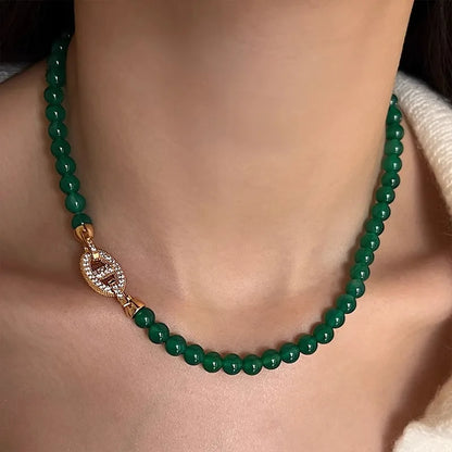 100% Natural Green Chalcedony 14K Gold Necklace