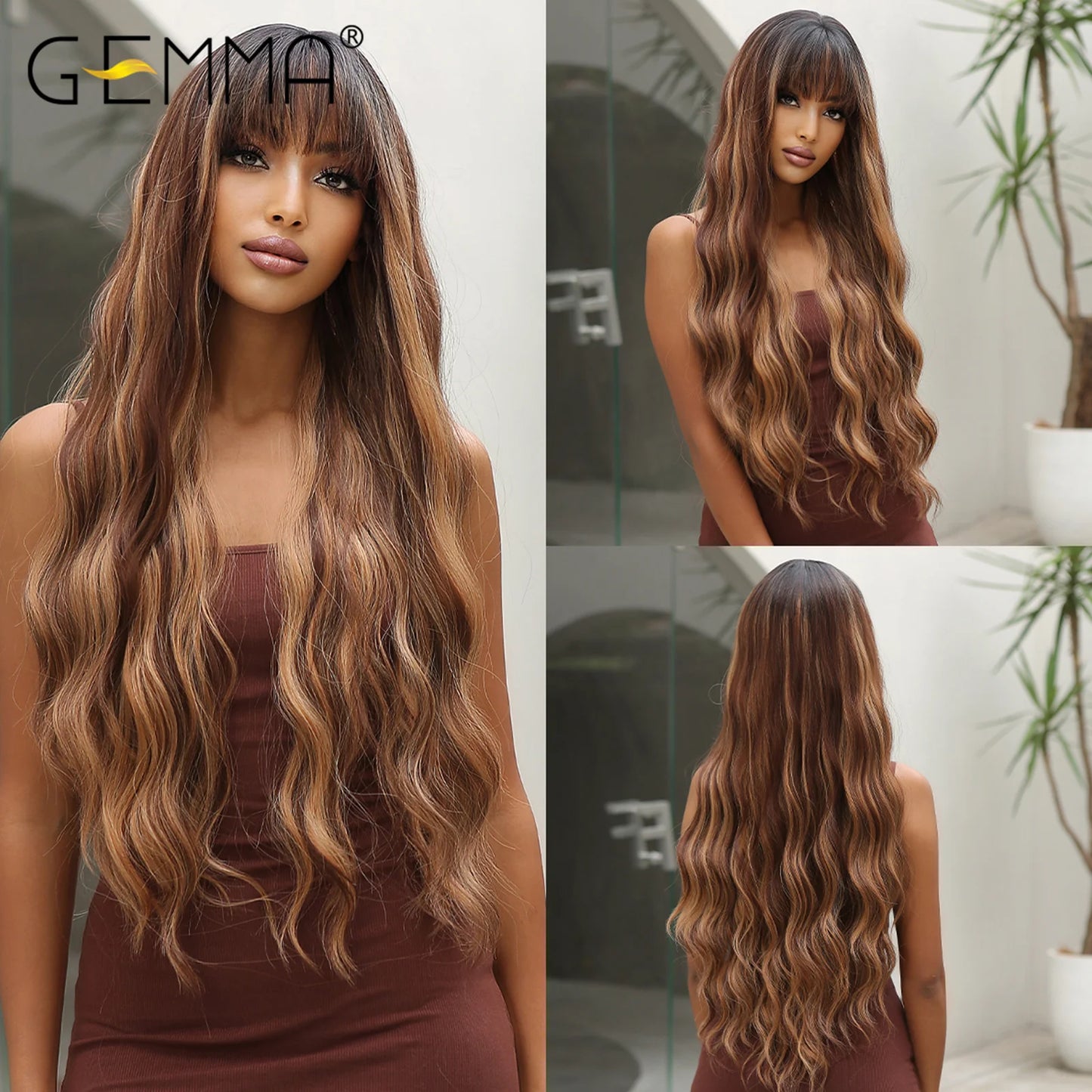 Brown Blonde Long Straight Synthetic Wigs