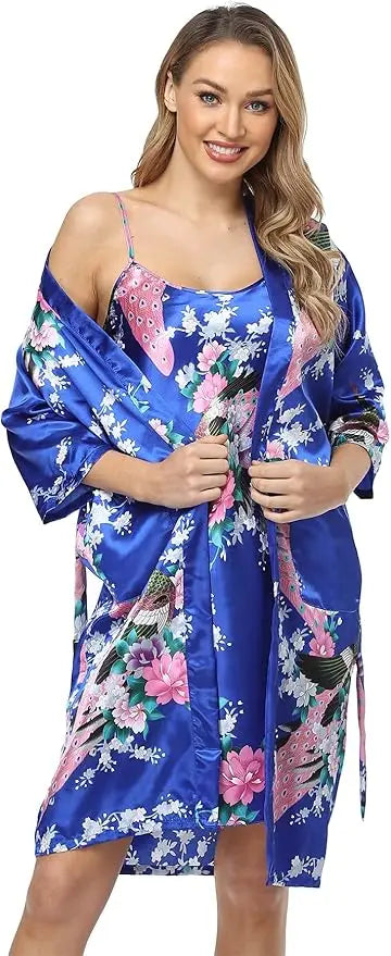 Floral Satin Kimono Robe and Nightgown Bathrobe Set