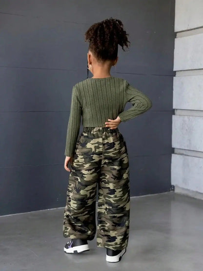 Sporty Casual Long Sleeve Top And Camo Print Pants Set