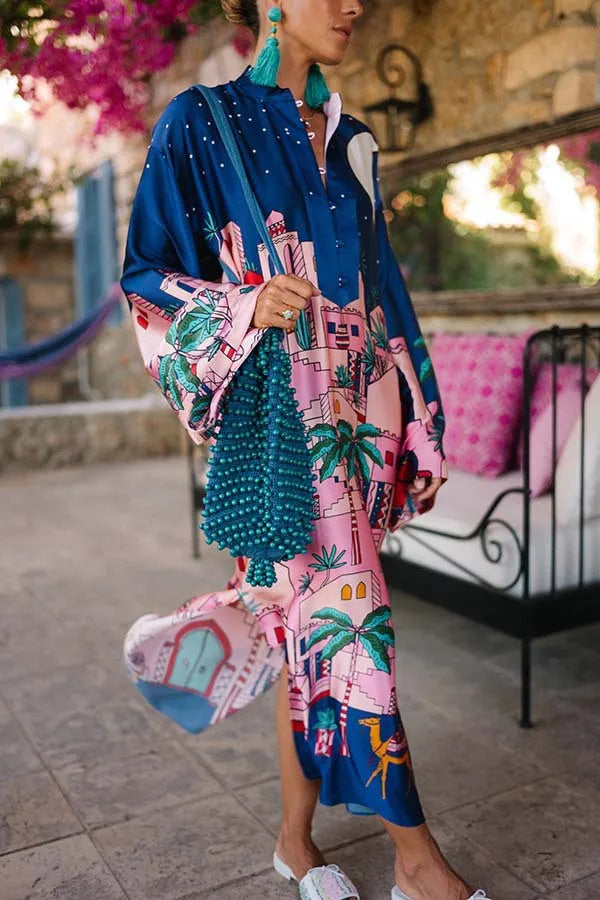 Vintage Satin Print Long Dress