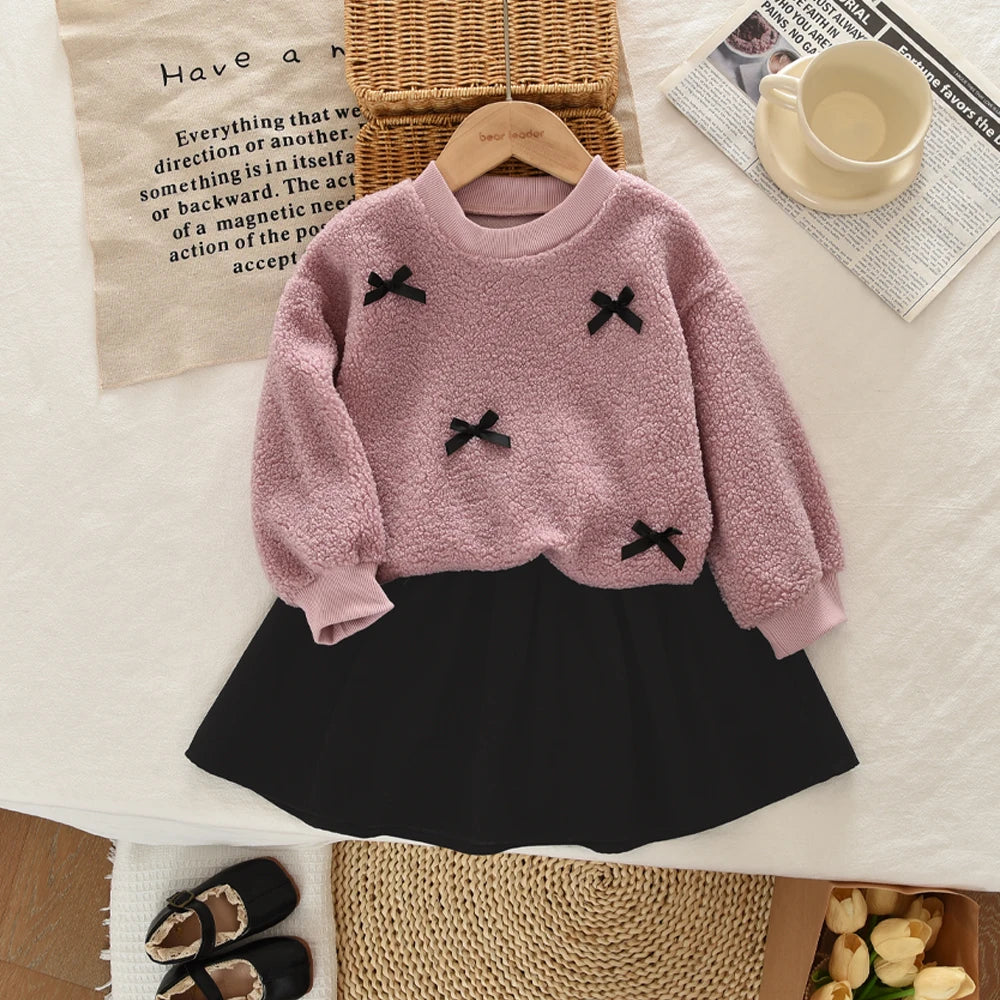 College Style Bow Long Sleeve Plush Top + Short Skirt Sets