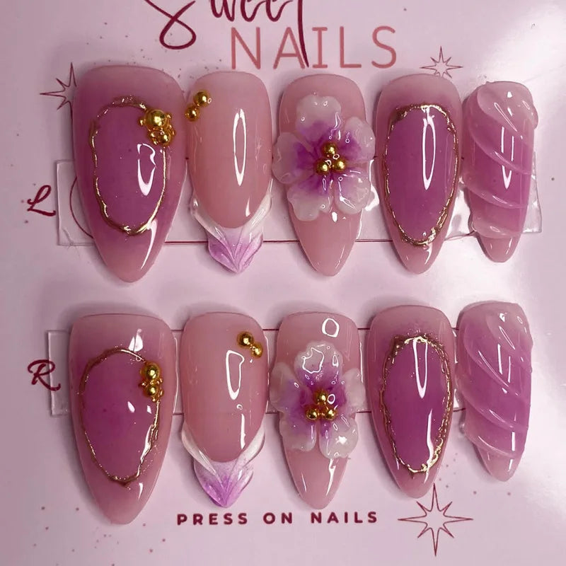 24Pcs Gilded 3D Flower Press on Nails Black French Leopard Print False Nails