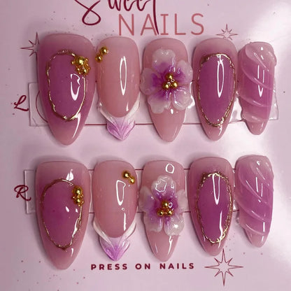 24Pcs Gilded 3D Flower Press on Nails Black French Leopard Print False Nails