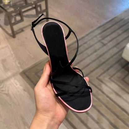 Satin Color Block Stiletto High Heels with One Belt Sandals