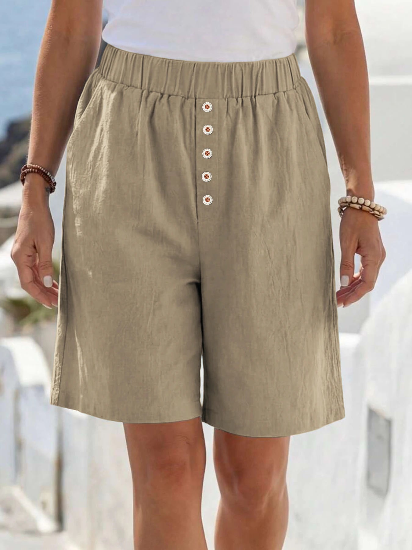 Summer Casual Loose Pocket Buttoned Linen Shorts