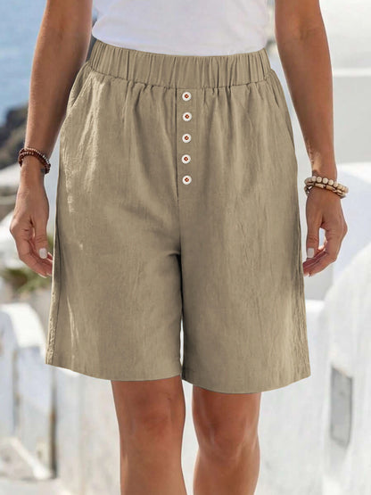 Summer Casual Loose Pocket Buttoned Linen Shorts