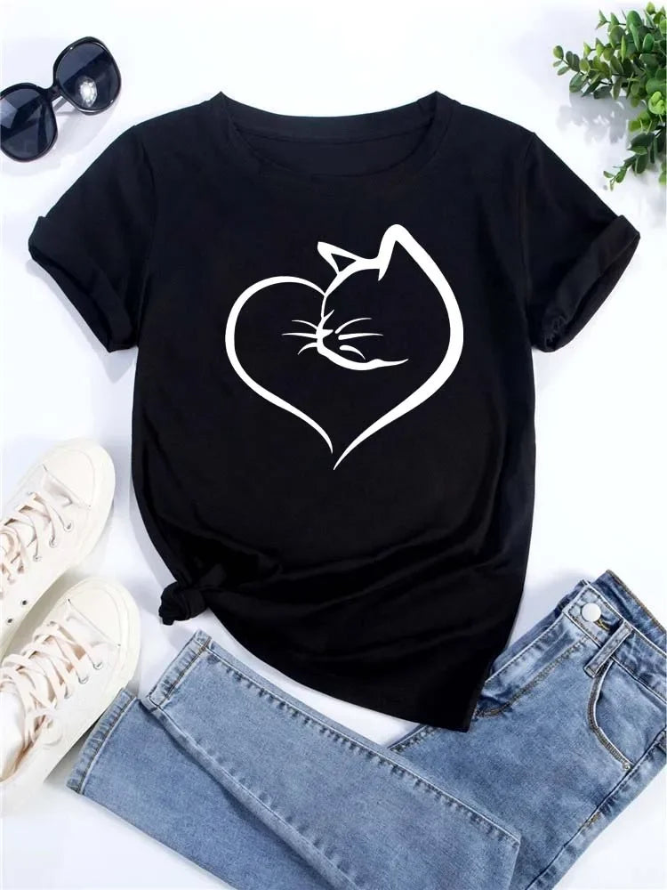 Love Heart Cat Print T-Shirt