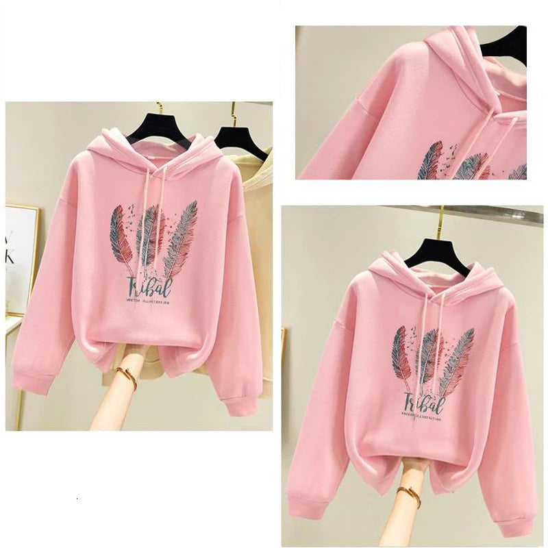 Feather Printed Hoodies Casual Loose pullover