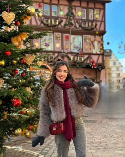 Faux fur Fall/Winter Effect Round Neck Long Sleeve Short Jacket