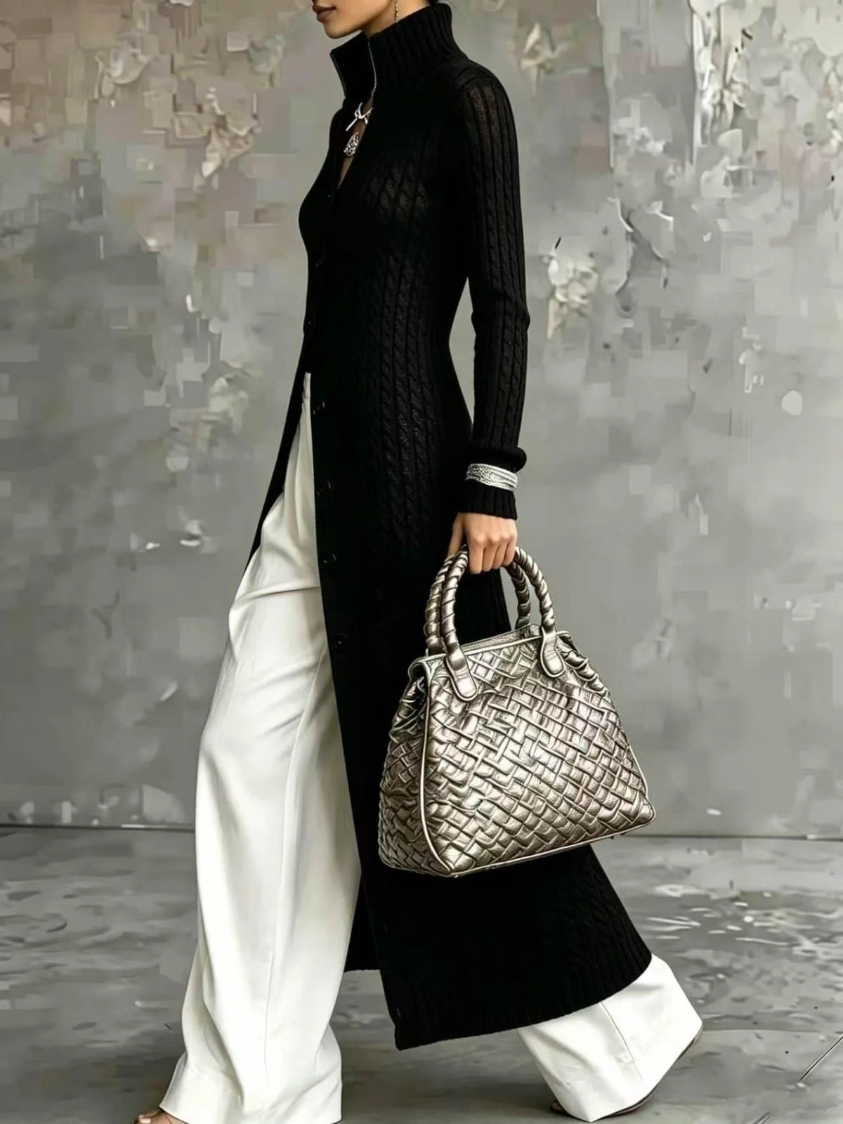 Long Black Knit Cardigan Autumn Winter High Neck Open Front Oversized Jumper