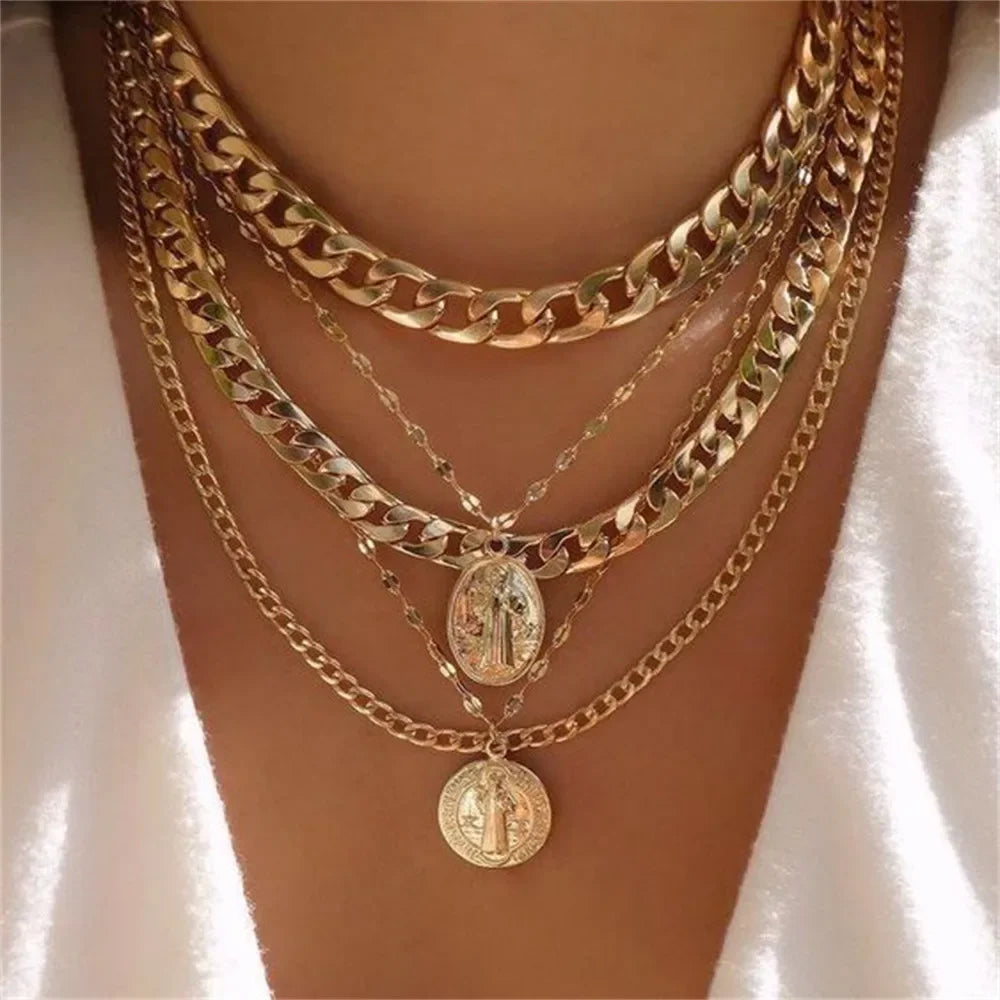 Vintage Punk Gold-plate Thick Chain Head Portrait Coin Pendant Necklace