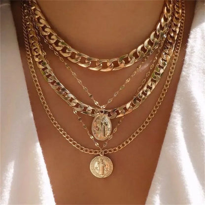 قلادة عملة معدنية بتصميم رأس صورة عتيقة من البانك مطلية بالذهب بسلسلة سميكة