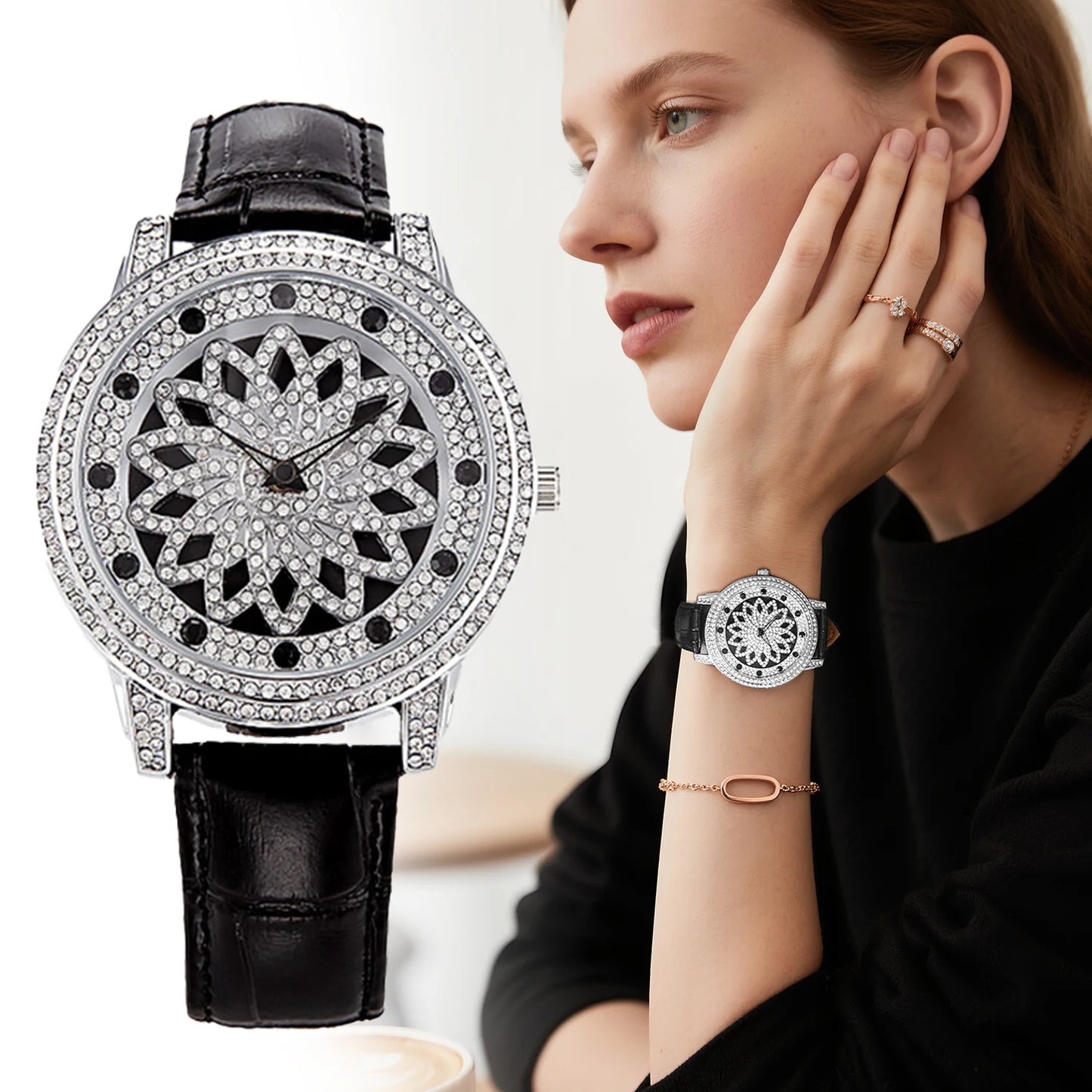 Reloj de cuero giratorio Lucky Star con diamantes completos