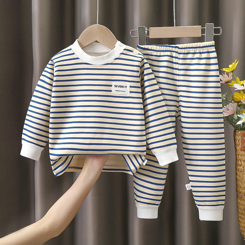Striped Plush Warm Pajamas Autumn and Winter Pajamas 0-5 Years Old Set