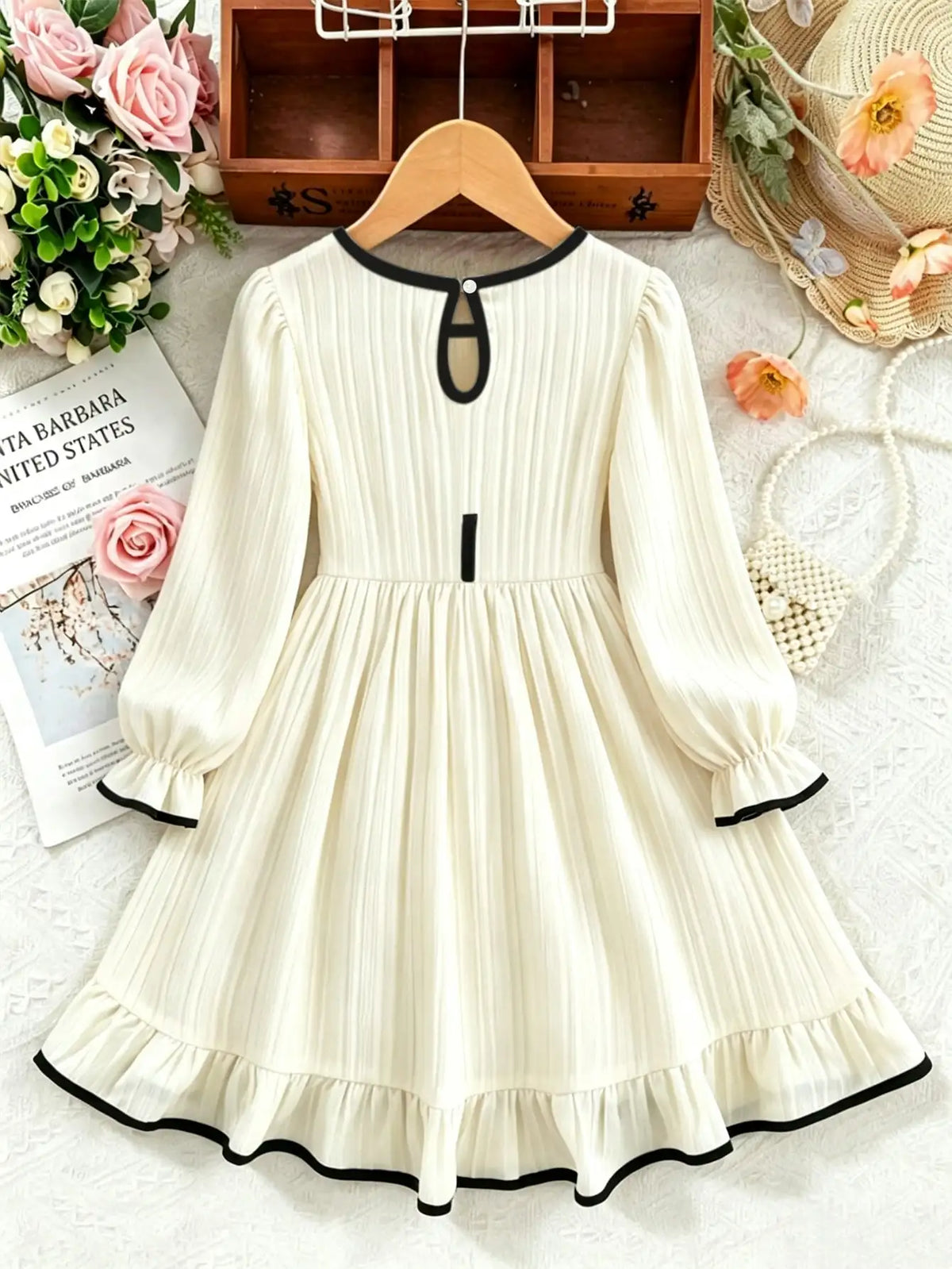 Round Neck Long Sleeve Waist Cinched Bow Tie Pit Stripe Skirt Slit Dress