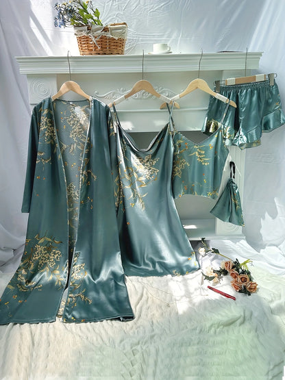 5pcs Floral Print Long Sleeve Robe Cami Dress Pajamas Sets