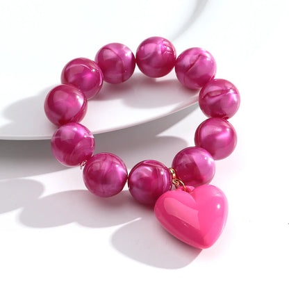 Boho Colorful Round Beads Heart Pendant Elastic Bracelets