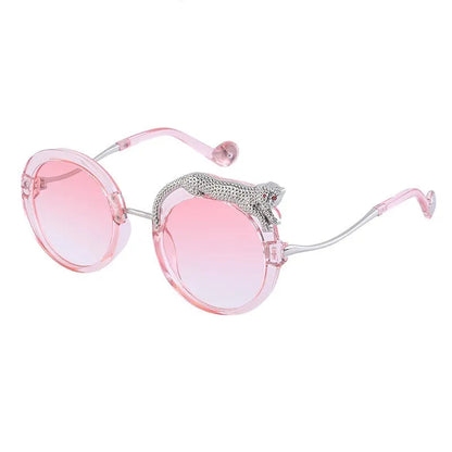 Oversized Round Crystal Leopard Sun Glasses