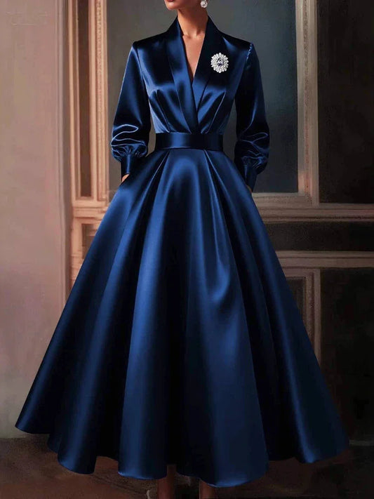 Satin V Neck Long Sleeve Pleated Maxi Dress