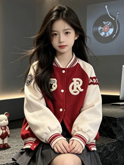 College Style Cardigan Color-Block Spring Autumn Baseball Jacket