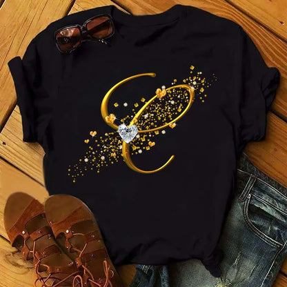 Custom Letter Combination Diamond Gold Letter T-shirt